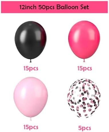 ZOOYOO 50pcs 12 Inch Hot Pink Black and Glitter Confetti Balloons