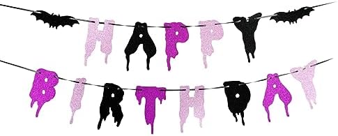 Happy Birthday Halloween Banner with Glitter Bats
