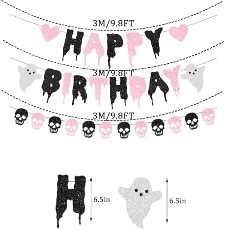 Pink Glitter Halloween Birthday Banner with Skull Heart Design