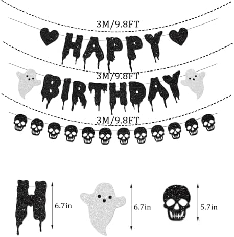 Black Glitter Halloween Birthday Banner with Skull and Heart