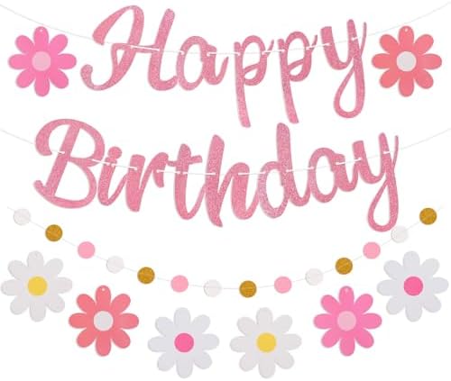Pink Birthday Banner with Flowers and Garland