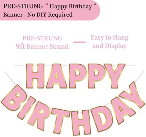 Happy Birthday Banner 9ft Pink Gold Pre-Strung Decor