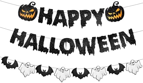 Black Glitter Happy Halloween Banner with Pumpkin Ghost Bat