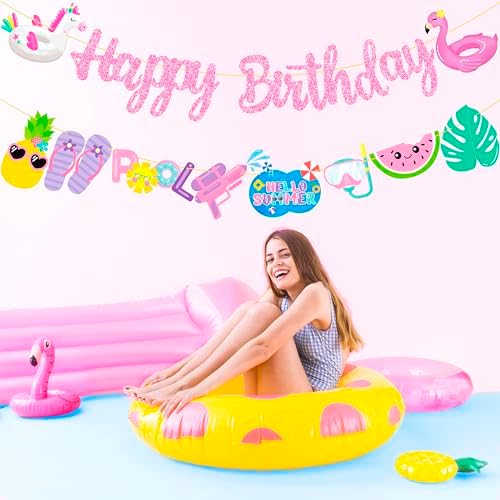 Pool Birthday Party Banners 2pcs Glitter Pink Hawaii Decorations