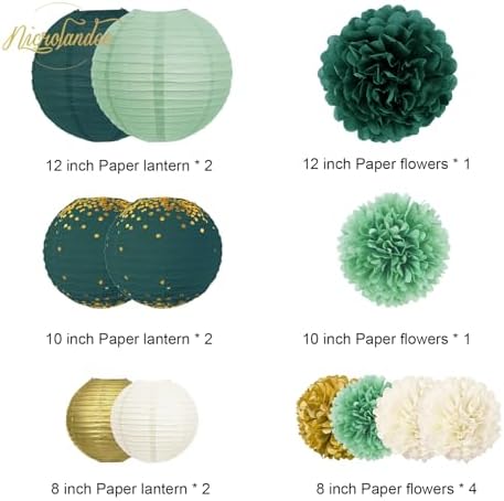 NICROLANDEE Green Tissue Pom Poms and Lanterns Decor Kit