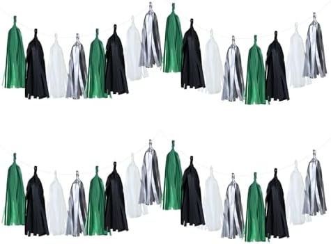 Guzon 20 Pack Black Green Silver Tassel Garland for Soccer Party