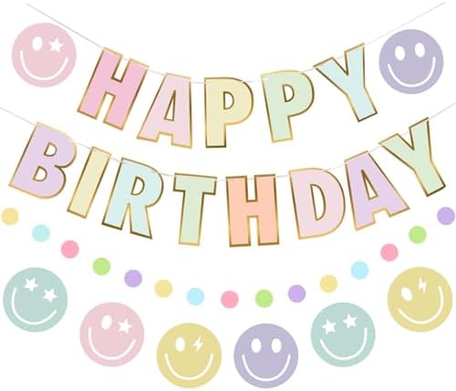 Danadia Pastel Birthday Banner with Smiley Face and Circle Dot Garland