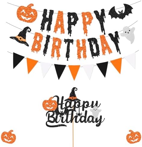 Glitter Halloween Birthday Banner with Cake Toppers