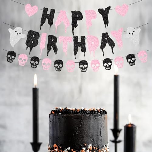 Pink Glitter Halloween Birthday Banner with Skull Heart Design