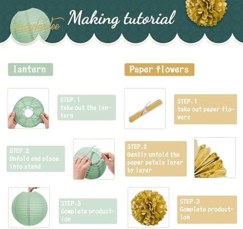 NICROLANDEE Green Tissue Pom Poms and Lanterns Decor Kit