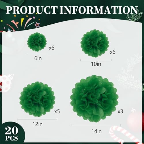 20PCS Green Tissue Paper Pom Poms for Party Decor