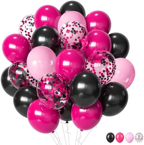 ZOOYOO 50pcs 12 Inch Hot Pink Black and Glitter Confetti Balloons