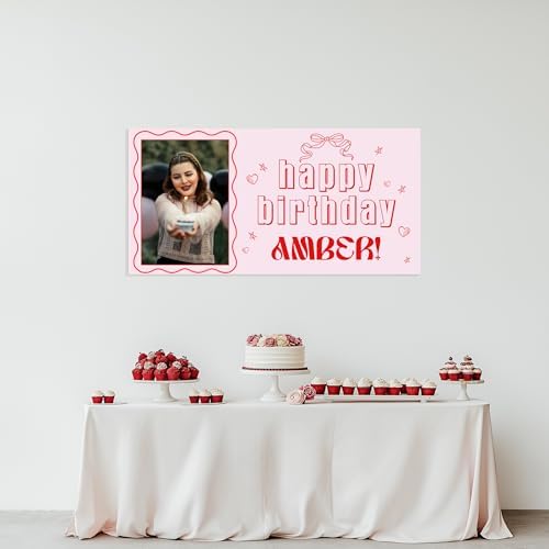 Customized Photo Name Birthday Banner - Pink Red