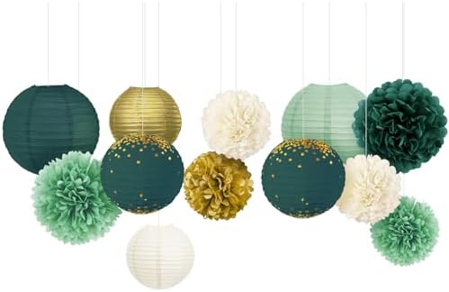 NICROLANDEE Green Tissue Pom Poms and Lanterns Decor Kit