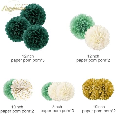 NICROLANDEE Green Tissue Pom Poms - 12PCS for Weddings and Parties