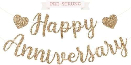 Pre-Strung Happy Anniversary Banner - Gold Glitter Wedding Decor