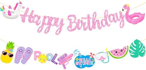 Pool Birthday Party Banners 2pcs Glitter Pink Hawaii Decorations