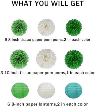 White Green Dinosaur Theme Party Decorations 15Pcs Tissue Pom Poms