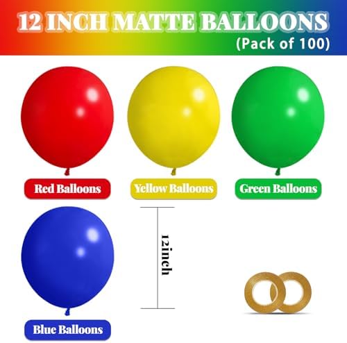 12 Inch Red Blue Green Yellow Balloons 100 Pack