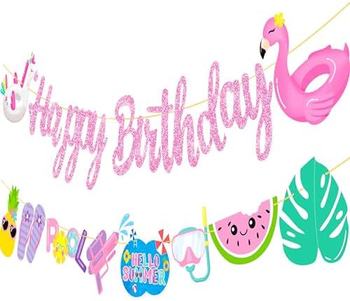Pool Birthday Party Banners 2pcs Glitter Pink Hawaii Decorations