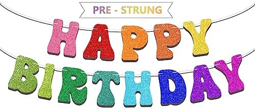 Pre-Strung Rainbow Happy Birthday Banner - Glitter Garland Decor