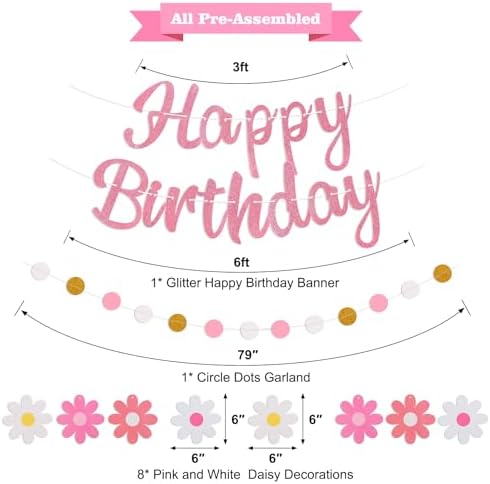 Pink Birthday Banner with Flowers and Garland