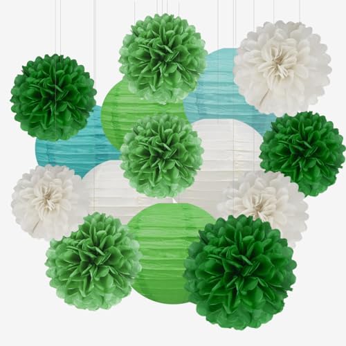 White Green Dinosaur Theme Party Decorations 15Pcs Tissue Pom Poms