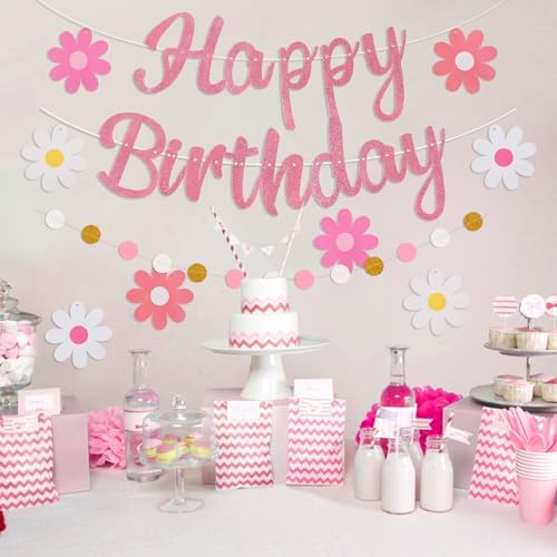Pink Birthday Banner with Flowers and Garland