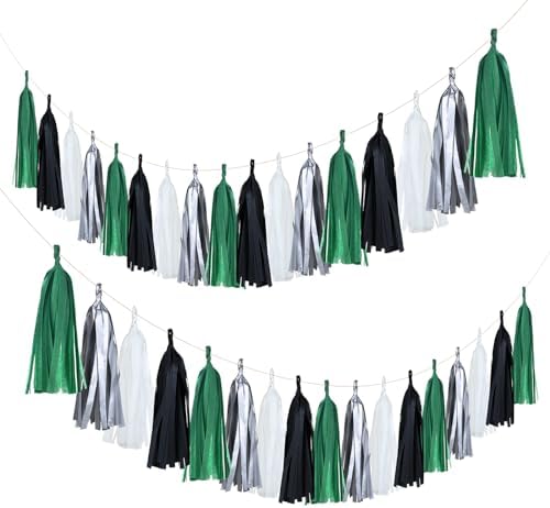 Guzon 20 Pack Black Green Silver Tassel Garland for Soccer Party