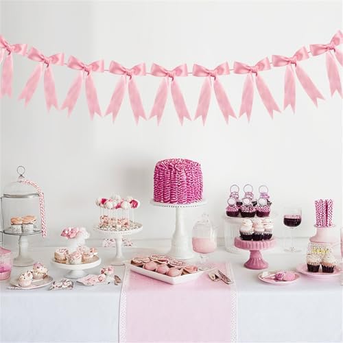 Pink Bow Garland for Birthday Decor and Baby Shower