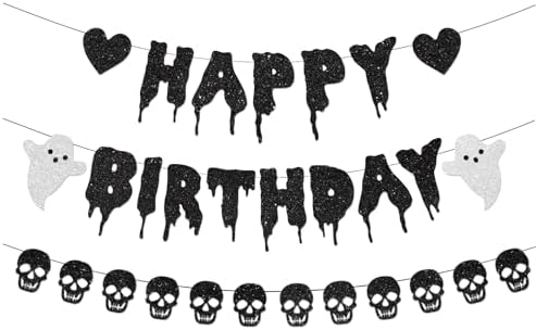 Black Glitter Halloween Birthday Banner with Skull and Heart
