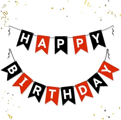 Happy Birthday Banner Sign Black and Red Party Decor
