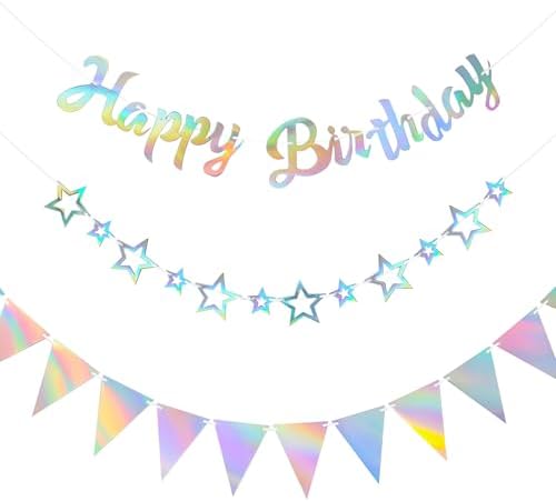 CANREVEL 3 PCS Iridescent Birthday Banners Set