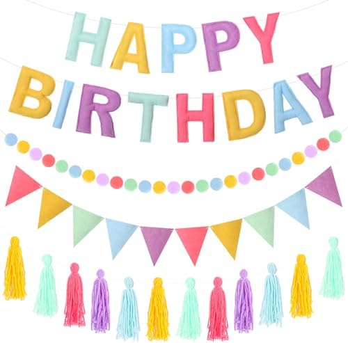 4 Pcs Felt Birthday Banner Set with Garland and Flags