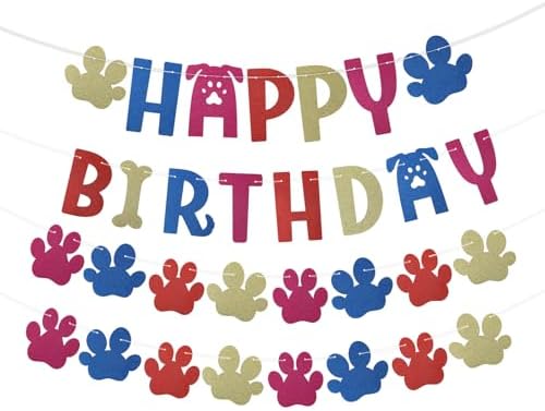 Dog Paw Birthday Banner with Letters and Cartoon Design