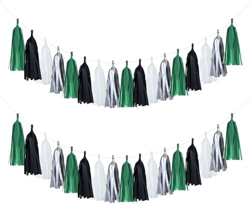 Guzon 20 Pack Black Green Silver Tassel Garland for Soccer Party