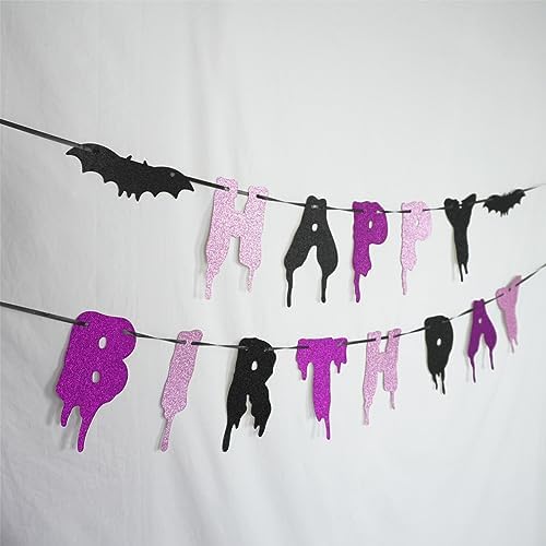 Happy Birthday Halloween Banner with Glitter Bats