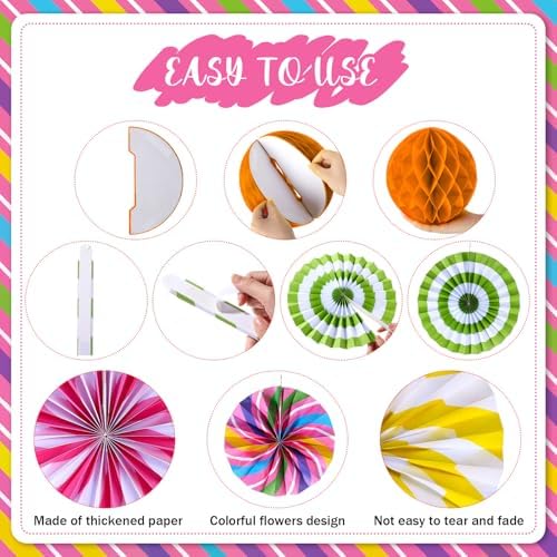 Outus 21 Pcs Candyland Party Decorations Hanging Fans Pom Poms