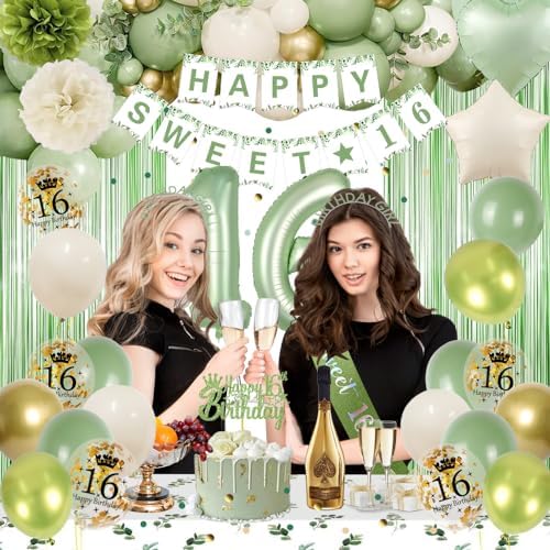Sweet 16 Birthday Decorations Set Green Gold