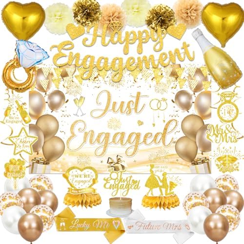 Gold Engagement Party Decorations Set with Balloons and Swirls