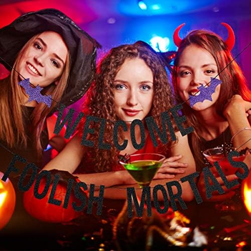 Welcome Foolish Mortals Halloween Banner Black Glitter