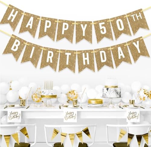 Gold Glitter Happy 50th Birthday Banner 12ft