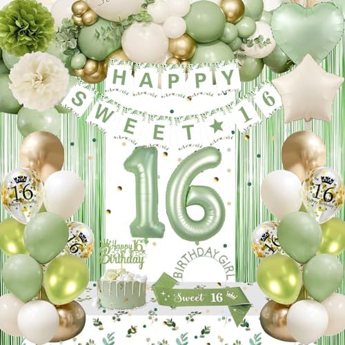 Sweet 16 Birthday Decorations Set Green Gold