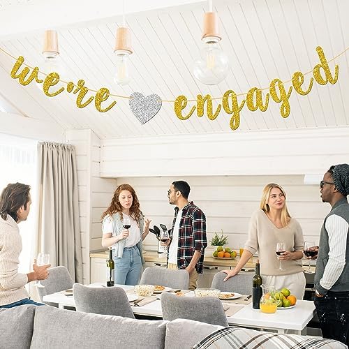 Were Engaged Banner Gold Glitter Engagement Party Decor