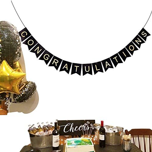 Congratulations Banner Garland Bunting with 12 Black Gold Grey Tissue Pom Poms