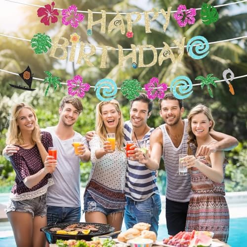 Hawaiian Happy Birthday Banner - Glittery Gold Party Decor