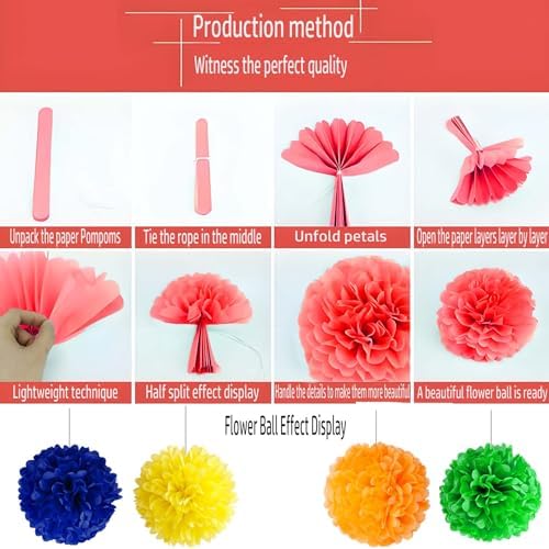 Rainbow Tissue Paper Pom Poms 12 Pcs Party Decor Set