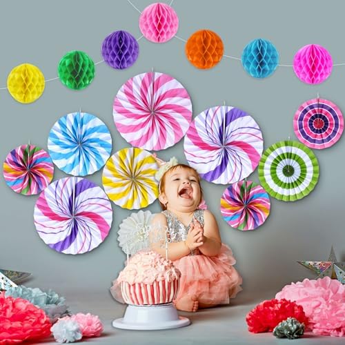 Outus 21 Pcs Candyland Party Decorations Hanging Fans Pom Poms