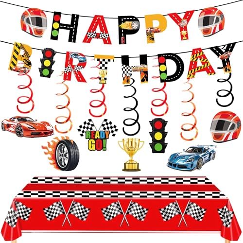 Race Car Birthday Decorations Set with Banner and Tablecloth