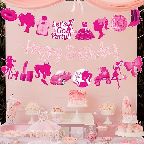 3 Pcs Hot Pink Girl Birthday Banners Decorations